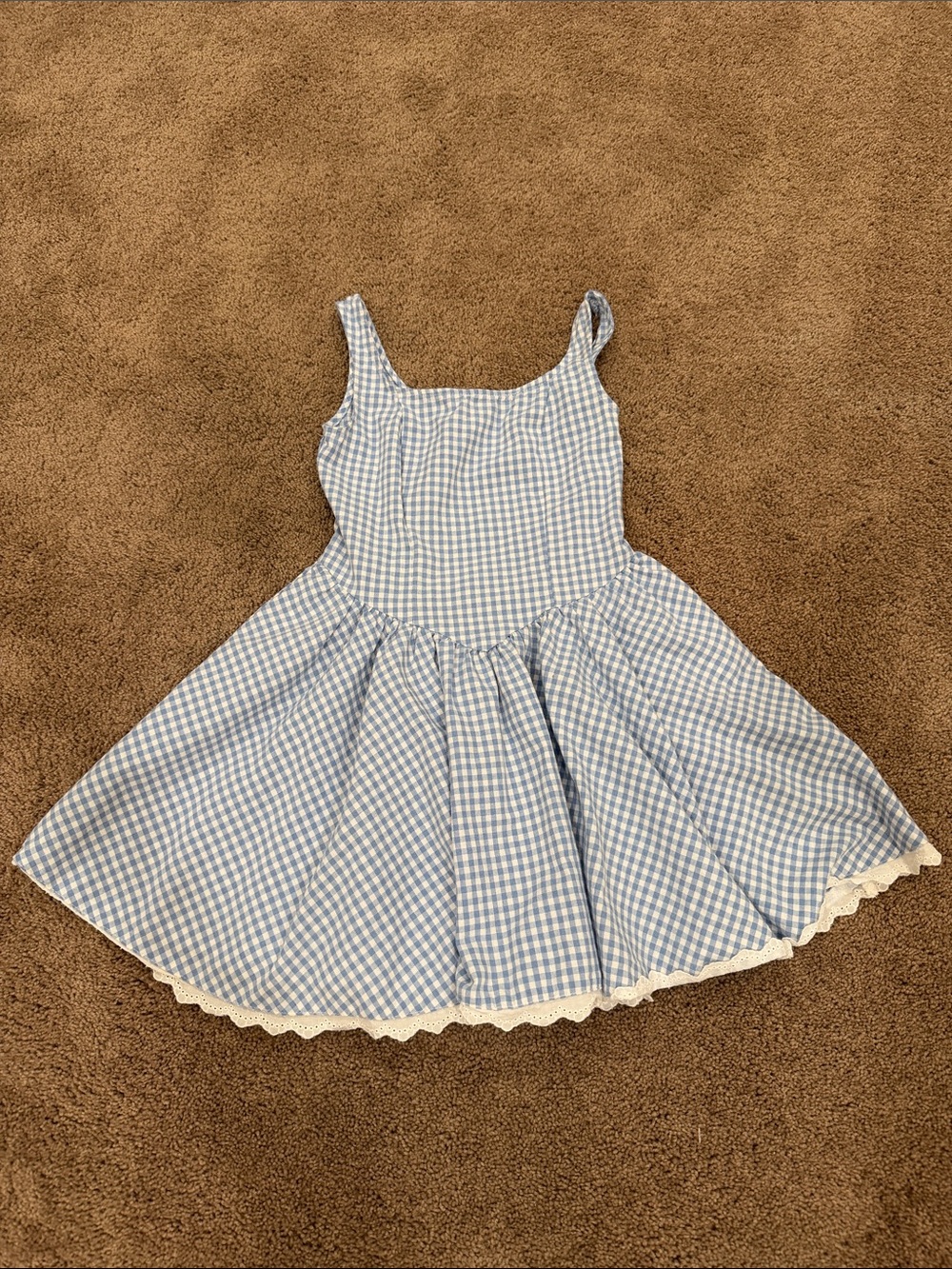 Full Tilt Light Blue Gingham Mini Dress with Lace Trim